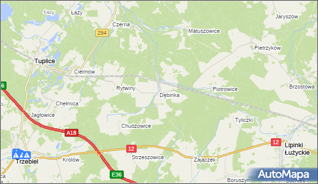 mapa Dębinka gmina Trzebiel, Dębinka gmina Trzebiel na mapie Targeo