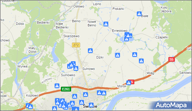 mapa Dziki gmina Świecie, Dziki gmina Świecie na mapie Targeo