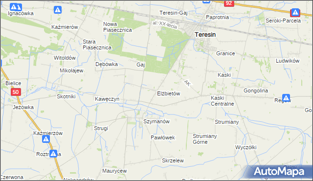 mapa Elżbietów gmina Teresin, Elżbietów gmina Teresin na mapie Targeo