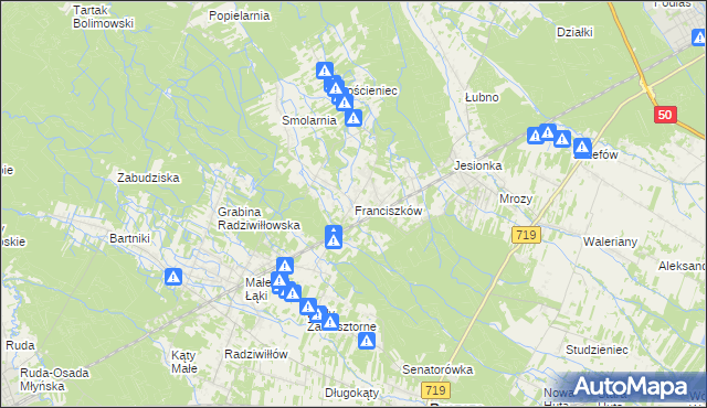 mapa Franciszków gmina Wiskitki, Franciszków gmina Wiskitki na mapie Targeo