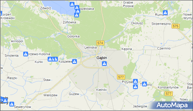 mapa Gąbin powiat płocki, Gąbin powiat płocki na mapie Targeo