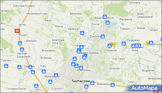 mapa Gawłów gmina Sochaczew, Gawłów gmina Sochaczew na mapie Targeo