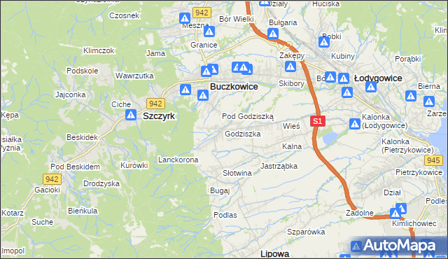 mapa Godziszka gmina Buczkowice, Godziszka gmina Buczkowice na mapie Targeo