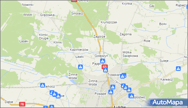 mapa Gołaszyn gmina Łuków, Gołaszyn gmina Łuków na mapie Targeo