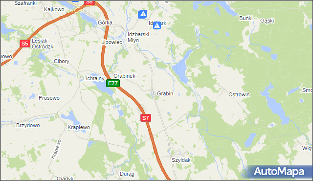 mapa Grabin gmina Ostróda, Grabin gmina Ostróda na mapie Targeo