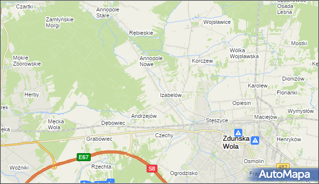 mapa Izabelów gmina Zduńska Wola, Izabelów gmina Zduńska Wola na mapie Targeo