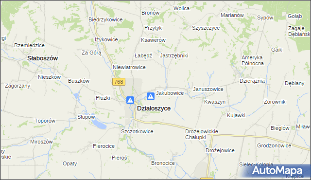 mapa Jakubowice gmina Działoszyce, Jakubowice gmina Działoszyce na mapie Targeo