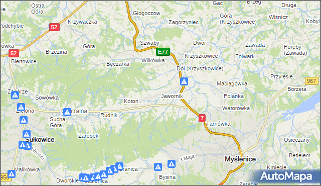 mapa Jawornik gmina Myślenice, Jawornik gmina Myślenice na mapie Targeo