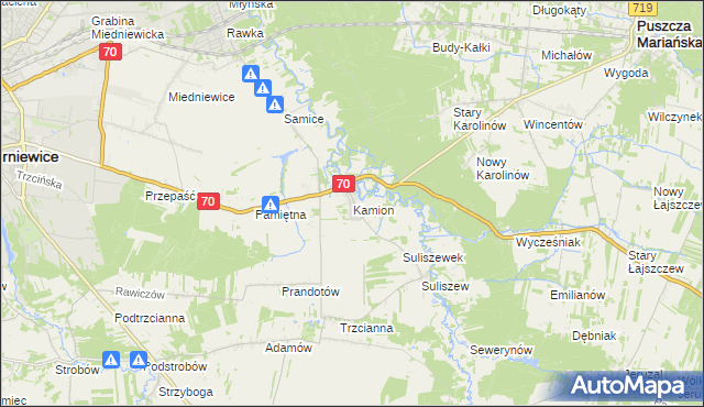 mapa Kamion gmina Puszcza Mariańska, Kamion gmina Puszcza Mariańska na mapie Targeo