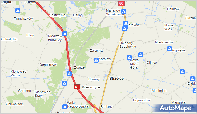 mapa Karolew gmina Strzelce, Karolew gmina Strzelce na mapie Targeo