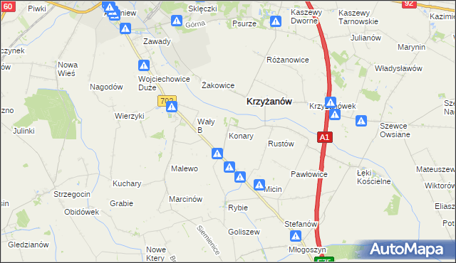 mapa Konary gmina Krzyżanów, Konary gmina Krzyżanów na mapie Targeo