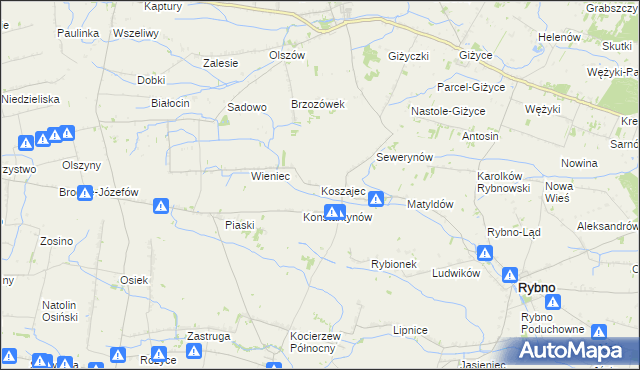 mapa Koszajec gmina Rybno, Koszajec gmina Rybno na mapie Targeo