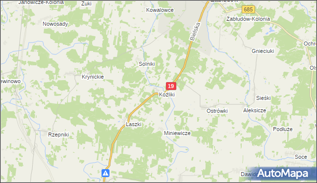 mapa Koźliki gmina Zabłudów, Koźliki gmina Zabłudów na mapie Targeo