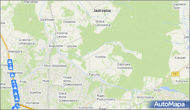 mapa Kozłów gmina Jastrzębia, Kozłów gmina Jastrzębia na mapie Targeo