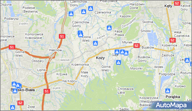 mapa Kozy powiat bielski, Kozy powiat bielski na mapie Targeo