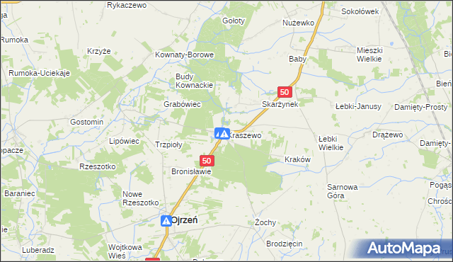 mapa Kraszewo gmina Ojrzeń, Kraszewo gmina Ojrzeń na mapie Targeo