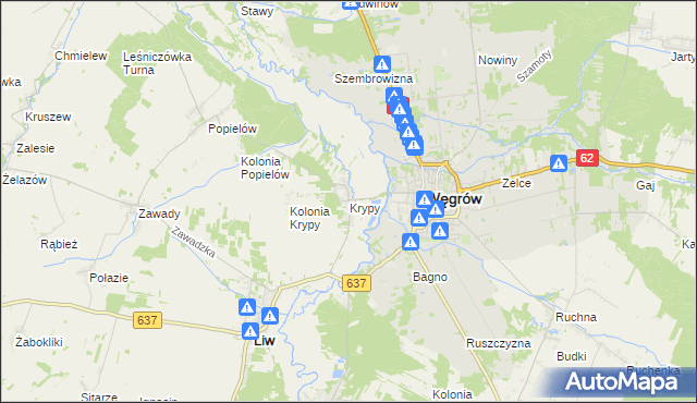 mapa Krypy gmina Liw, Krypy gmina Liw na mapie Targeo