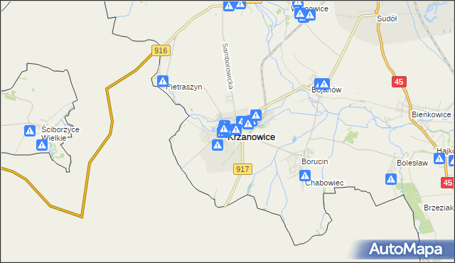 mapa Krzanowice powiat raciborski, Krzanowice powiat raciborski na mapie Targeo