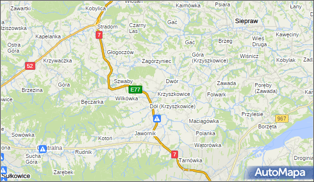 mapa Krzyszkowice gmina Myślenice, Krzyszkowice gmina Myślenice na mapie Targeo