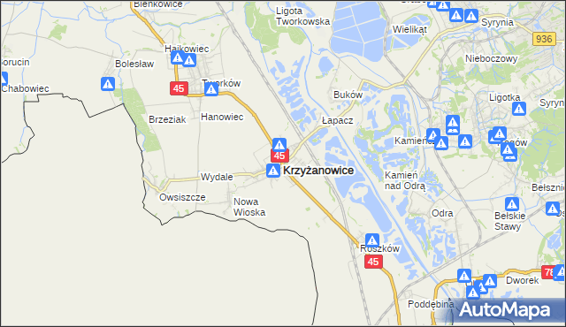 mapa Krzyżanowice powiat raciborski, Krzyżanowice powiat raciborski na mapie Targeo