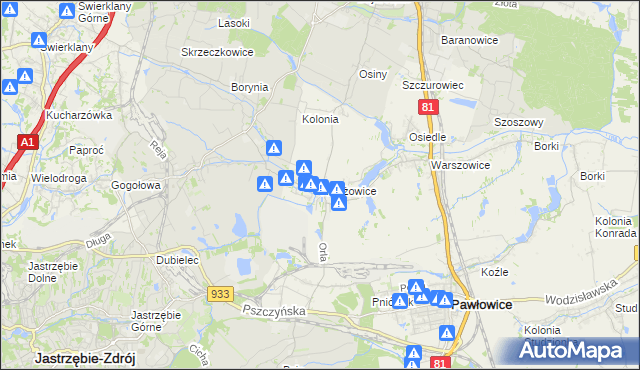 mapa Krzyżowice gmina Pawłowice, Krzyżowice gmina Pawłowice na mapie Targeo