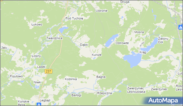 mapa Kurcze gmina Czersk, Kurcze gmina Czersk na mapie Targeo