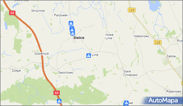 mapa Linie gmina Bielice, Linie gmina Bielice na mapie Targeo