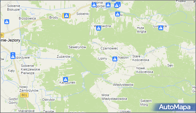 mapa Lipiny gmina Osieck, Lipiny gmina Osieck na mapie Targeo