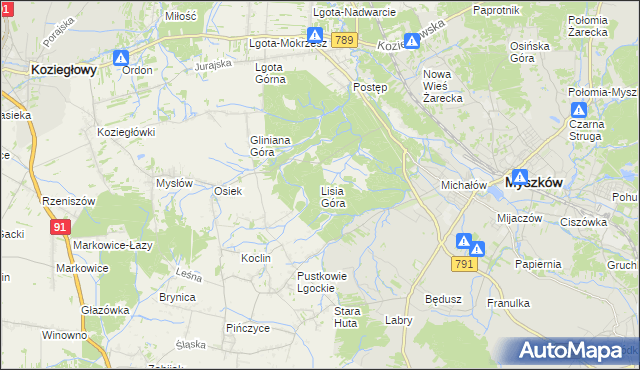 mapa Lisia Góra gmina Koziegłowy, Lisia Góra gmina Koziegłowy na mapie Targeo