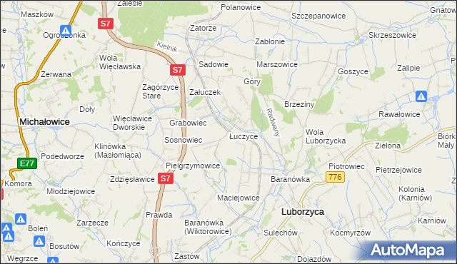 mapa Łuczyce gmina Kocmyrzów-Luborzyca, Łuczyce gmina Kocmyrzów-Luborzyca na mapie Targeo