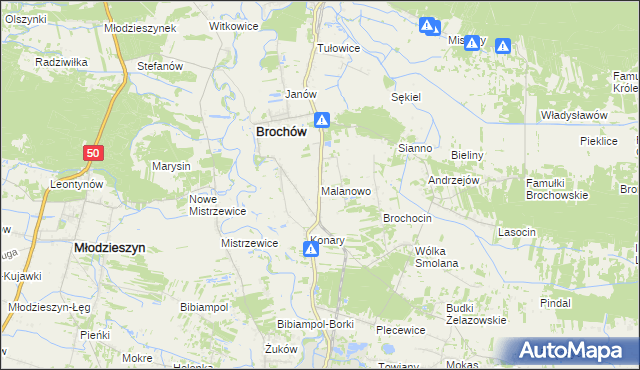 mapa Malanowo gmina Brochów, Malanowo gmina Brochów na mapie Targeo
