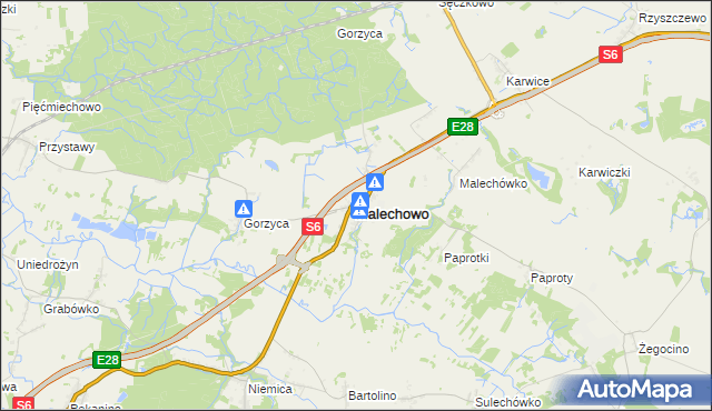mapa Malechowo powiat sławieński, Malechowo powiat sławieński na mapie Targeo
