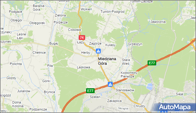 mapa Miedziana Góra powiat kielecki, Miedziana Góra powiat kielecki na mapie Targeo