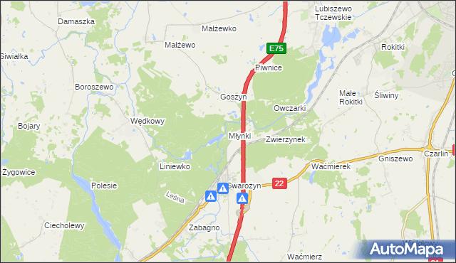 mapa Młynki gmina Tczew, Młynki gmina Tczew na mapie Targeo