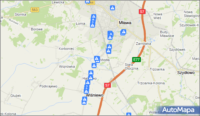 mapa Modła gmina Wiśniewo, Modła gmina Wiśniewo na mapie Targeo