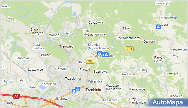 mapa Myślachowice, Myślachowice na mapie Targeo