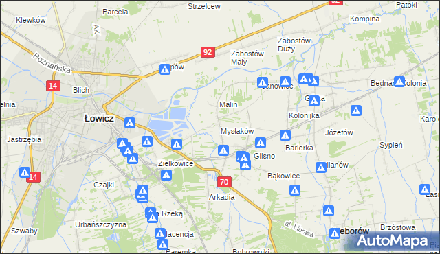 mapa Mysłaków gmina Nieborów, Mysłaków gmina Nieborów na mapie Targeo