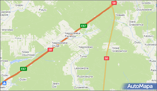 mapa Nagoszewo gmina Ostrów Mazowiecka, Nagoszewo gmina Ostrów Mazowiecka na mapie Targeo