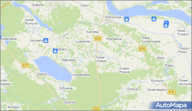 mapa Nowe Grabie gmina Gąbin, Nowe Grabie gmina Gąbin na mapie Targeo