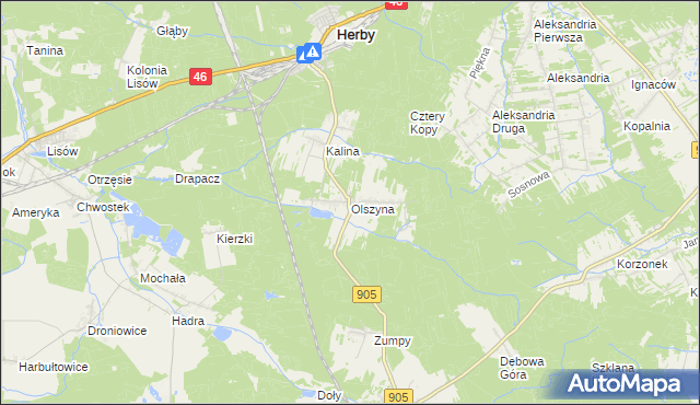 mapa Olszyna gmina Herby, Olszyna gmina Herby na mapie Targeo