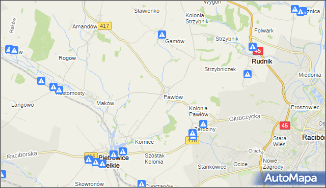 mapa Pawłów gmina Pietrowice Wielkie, Pawłów gmina Pietrowice Wielkie na mapie Targeo