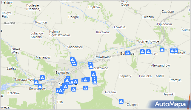 mapa Pawłowice gmina Sędziszów, Pawłowice gmina Sędziszów na mapie Targeo