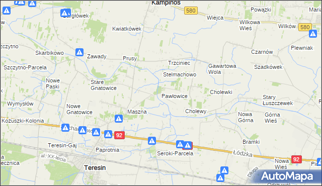 mapa Pawłowice gmina Teresin, Pawłowice gmina Teresin na mapie Targeo