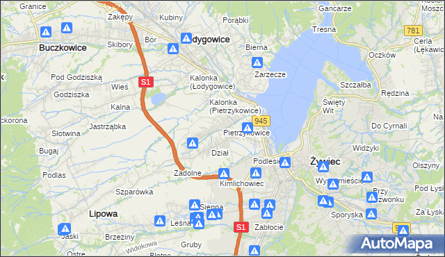 mapa Pietrzykowice gmina Łodygowice, Pietrzykowice gmina Łodygowice na mapie Targeo