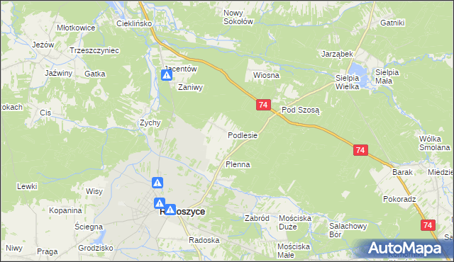 mapa Podlesie gmina Radoszyce, Podlesie gmina Radoszyce na mapie Targeo