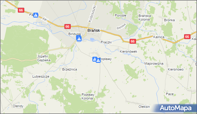 mapa Popławy gmina Brańsk, Popławy gmina Brańsk na mapie Targeo