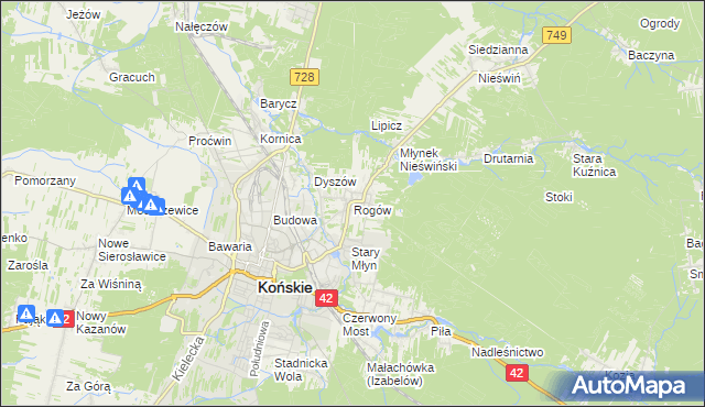 mapa Rogów gmina Końskie, Rogów gmina Końskie na mapie Targeo