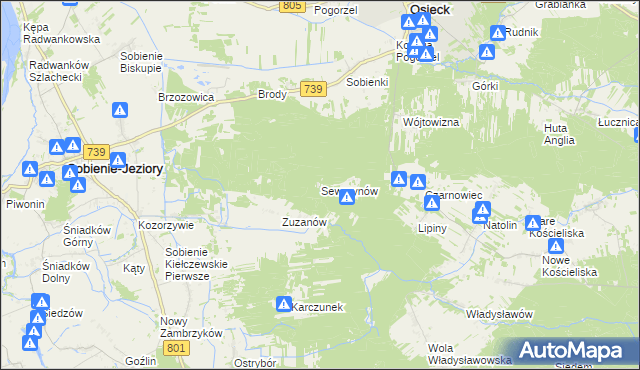 mapa Sewerynów gmina Sobienie-Jeziory, Sewerynów gmina Sobienie-Jeziory na mapie Targeo