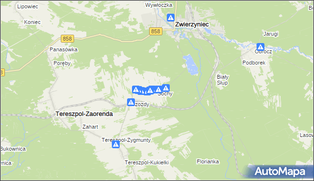 mapa Sochy gmina Zwierzyniec, Sochy gmina Zwierzyniec na mapie Targeo