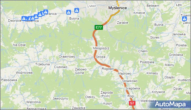 mapa Stróża gmina Pcim, Stróża gmina Pcim na mapie Targeo